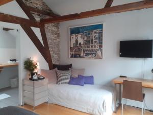 a bedroom with a bed and a desk and a tv at B&B Setola in Bruges