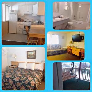 a collage of four pictures of a hotel room at Bonanza Gold Motel in Dawson City