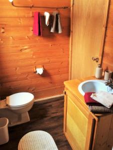 a bathroom with a toilet and a sink and a tub at Rocky Ridge Resort-BC in Smithers