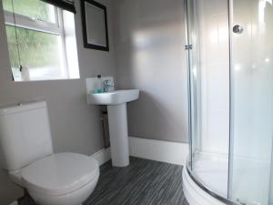 een badkamer met een toilet, een wastafel en een douche bij Stamford Place by SG Property Group in Crewe
