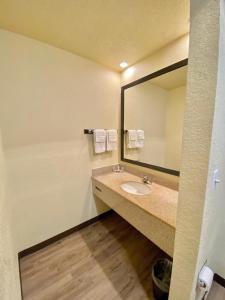 a bathroom with a sink and a large mirror at Travelers Inn Elizabeth City in Elizabeth City