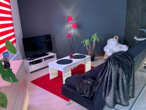 a living room with a couch and a table at Résidence des lentilles in Schiltigheim