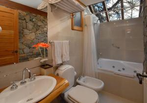 a bathroom with a sink and a toilet and a tub at La Estancia Cabañas in Villa La Angostura