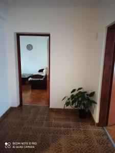una puerta que conduce a una habitación con una maceta en Apartman Mima en Banja Luka