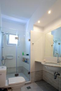 a bathroom with a toilet and a sink and a shower at Giorgi's Blue Apartments in Kalathas