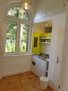 una pequeña cocina con fregadero y ventana en Apartment Villa Kronenberg en Bochum