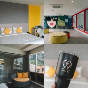 3 vistas diferentes a un dormitorio con cama y una habitación con en Wake Up Aonang Hotel- SHA EXTRA PLUS, en Ao Nang Beach