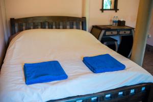 two blue pillows sitting on top of a bed at Hot Coffee Guest House and Resort in Ban Mae Na Chon