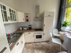 una cocina con armarios blancos y fregadero en Ferienwohnung König Georg, en Wurzen