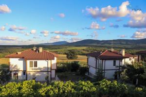 two white houses in a vineyard with mountains in the background at Vis Velika in Velika