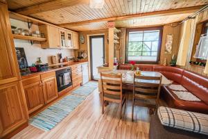 a kitchen and dining room with a table and a couch at Cottage Hidden Pearl in Zgornje Jezersko