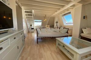 a large living room with a couch and a tv at Appartement Vue Mer - Cabourg - Normandie in Cabourg