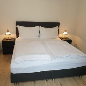 プラハにあるグレッグ アパートメント カンパ プラハの大型ベッド(白いシーツ、ナイトスタンド2台付)