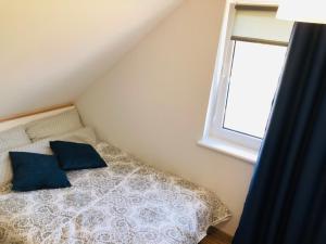 Un dormitorio con una cama con almohadas azules y una ventana en Domki Apartamentowe Orłówka, en Jantar