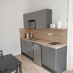 cocina con encimera con fregadero y microondas en Greg Apartments Kampa Prague, en Praga