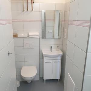 Baño blanco con aseo y lavamanos en Greg Apartments Kampa Prague, en Praga