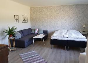 a living room with a couch and a bed at Komleryd in Långås