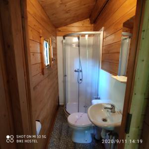 a bathroom with a shower and a toilet and a sink at Bike Camping in Przewóz