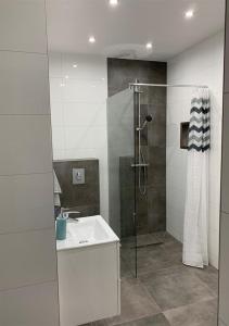 a white bathroom with a shower and a sink at Willa Mare Nostrum Gdynia - pokoje gościnne in Gdynia