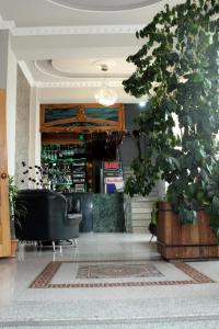 a lobby with a bar with a couch and a plant at Golden Apricot in Gyumri