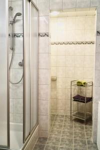 W łazience znajduje się prysznic ze szklanymi drzwiami. w obiekcie Apart Laresch w mieście Ischgl