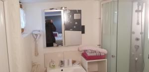 a bathroom with a sink and a mirror and a shower at Le Soleil Bleu in Fréjus