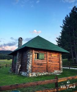 une petite cabane en rondins avec un toit vert dans l'établissement Vila Mali Tornik, à Zlatibor