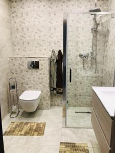 een badkamer met een douche, een toilet en een wastafel bij Mira apartman in Debrecen