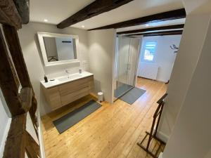 La salle de bains est pourvue d'un lavabo, d'un miroir et d'une douche. dans l'établissement Chambres d'hôtes de charme à la ferme Freysz, à Quatzenheim