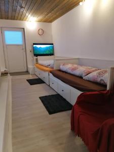 a bedroom with two beds and a flat screen tv at Jasmin in Laichingen