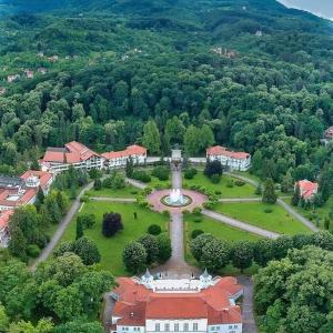 an aerial view of a park with a fountain at Đurđevak lux in Banja Koviljača