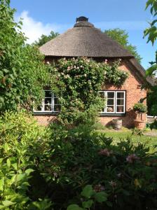 a brick building with a thatched roof with flowers at Das Reetdachhaus - Paulines Höft in Grömitz