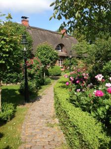 einen Gartenweg, der zu einem Haus mit Blumen führt in der Unterkunft Das Reetdachhaus - Paulines Höft in Grömitz