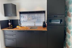 a kitchen with a sink and a microwave at Tiny House Experience Oud Beijerland in Oud-Beijerland