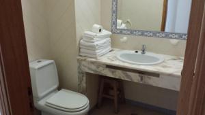 a bathroom with a sink and a toilet and a mirror at Clube Meia Praia in Lagos