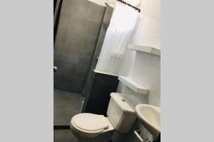 La salle de bains est pourvue de toilettes, d'un lavabo et d'une douche. dans l'établissement Casa - Cabaña ELA en Coveñas, frente al mar, à Coveñas
