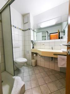 a bathroom with a toilet and a sink and a mirror at Hotel SunParc - SHUTTLE zum Europa-Park Rust 4km & Rulantica 2km in Ringsheim