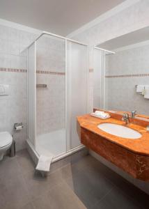 a bathroom with a sink and a shower and a toilet at Hotel Le Rive in Nyon