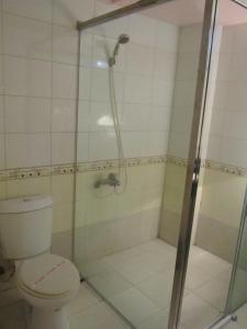La salle de bains est pourvue d'une douche et de toilettes. dans l'établissement Dong Duong Hotel, à Hai Phong
