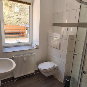 a bathroom with a toilet and a sink and a window at milanoannaberg in Annaberg-Buchholz