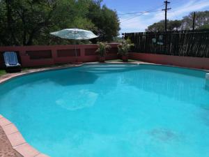 a large blue swimming pool with an umbrella at Blyde Mountain Country House in Hoedspruit
