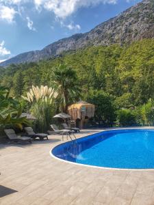 a swimming pool with a mountain in the background at Portalimo Lodge Hotel - Adult Only +12 in Cıralı