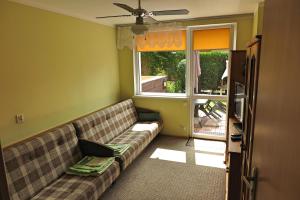 a living room with a couch and a window at Apartament z tarasem i ogrodem in Dziwnówek