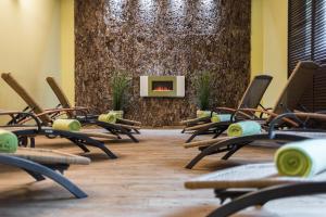 a waiting room with chairs and a fireplace at Familienhotel Villa Sano in Baabe