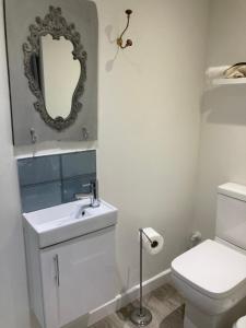 a bathroom with a sink and a toilet and a mirror at Brand new apartment in Knutsford in Knutsford