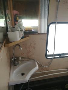 uma casa de banho com um lavatório e um espelho em Őrségi Nomád-Lak Nomád 2 em Kercaszomor