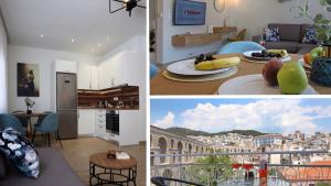 a collage of pictures of a living room and a kitchen at Under the Aqueduct boutique house in Kavála
