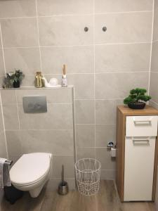a bathroom with a toilet and a sink at Ferienwohnungen Weiherhausstraße 6 in Herten