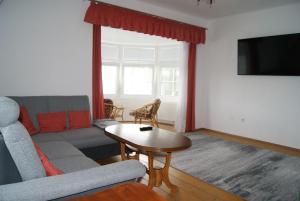 ein Wohnzimmer mit einem Sofa und einem Tisch in der Unterkunft Apartmán Český ráj in Turnov
