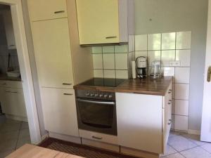 a kitchen with a stove and a counter top at Mühlenweg- Tante Lise in Süderlügum